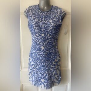 RVN GEO JACQUARD BODYCON MINI DRESS. BLUE & WHITE